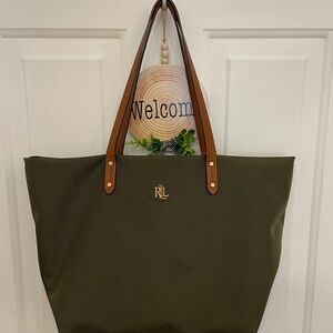 Ralph Lauren Green and Brown Canvas Tote Bag